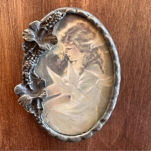 Vintage Fairy Art Oval Pewter Purse Mirror
